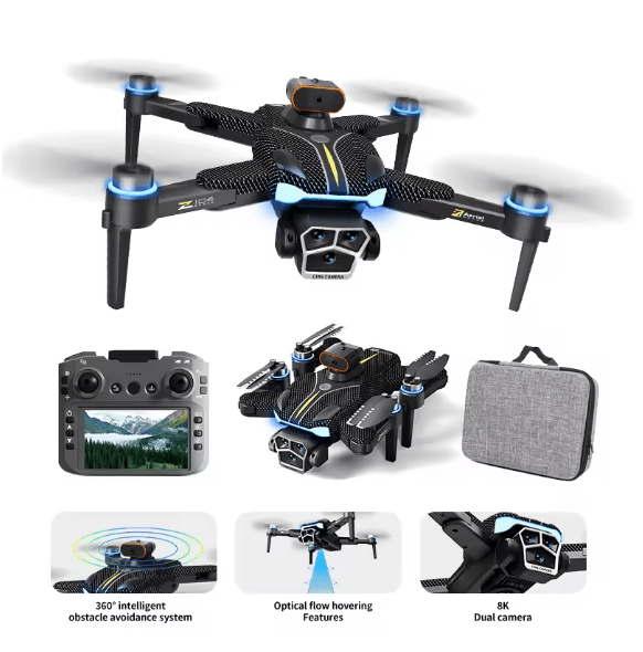Smart GPS camera drone in flight with screen controller and carrying case