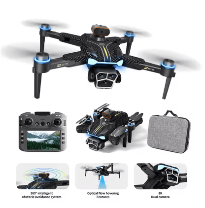 Smart GPS camera drone in flight with screen controller and carrying case