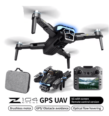Smart GPS camera drone showing its underside camera, with screen controller and carrying case