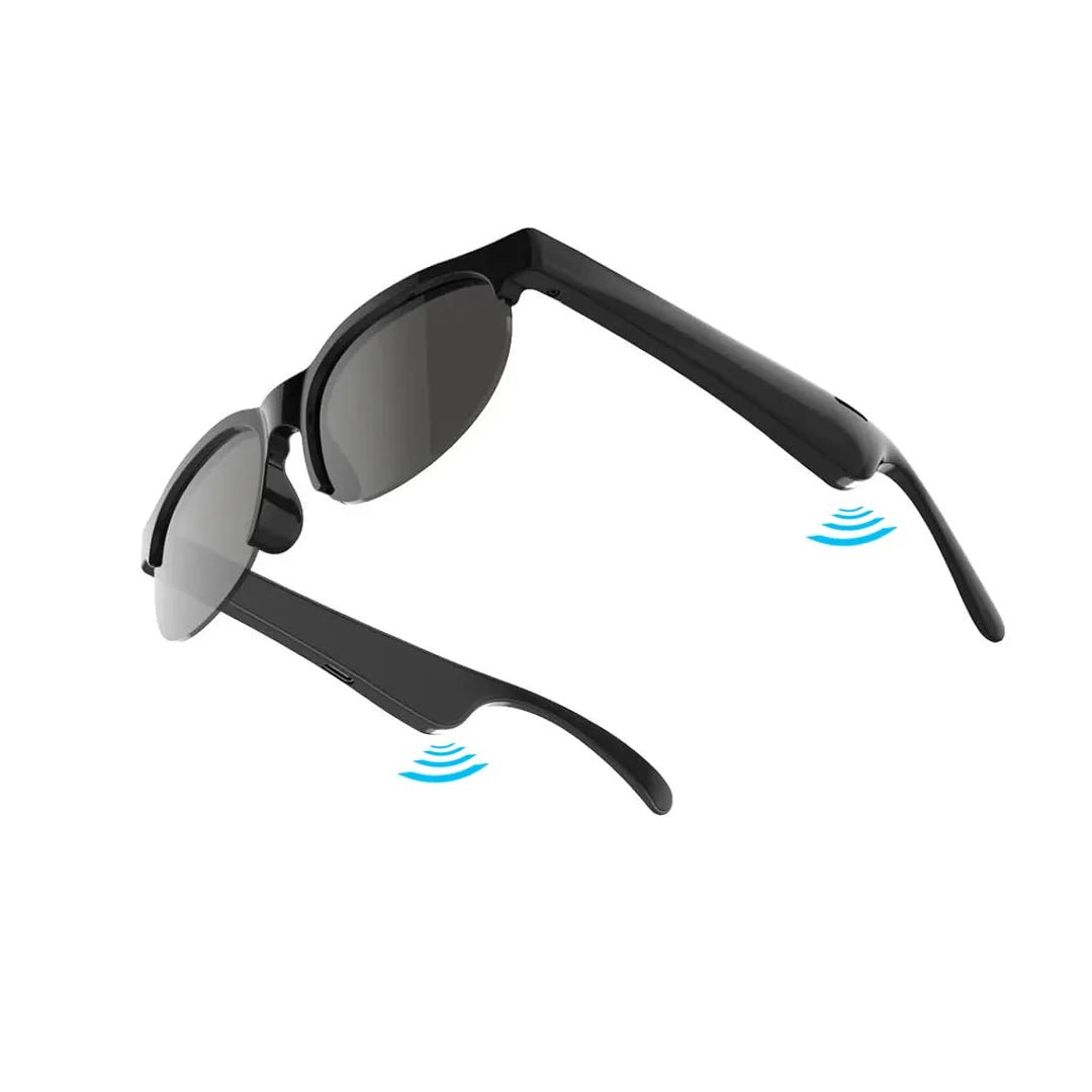 Black wireless headset glasses with dark lenses and sound waves at the temples.