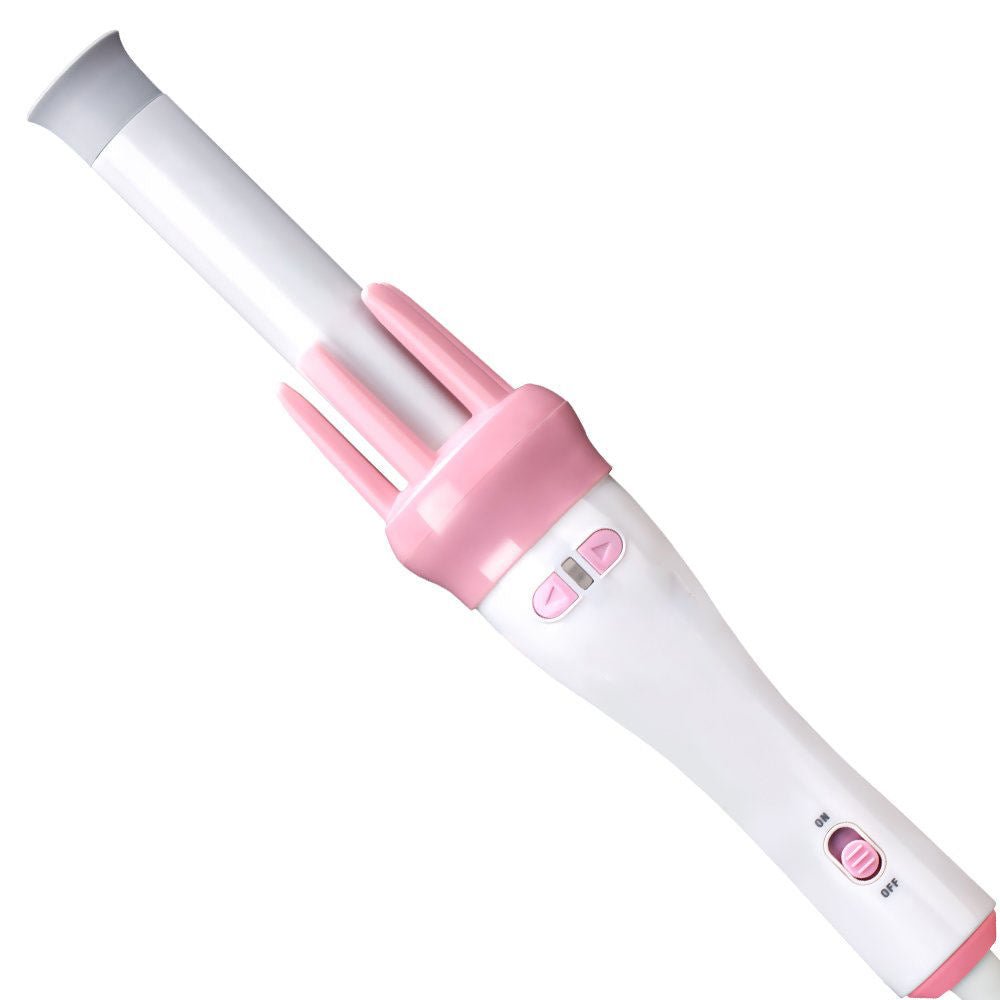 White and pink handheld hair curler with dual rotation buttons and power switch