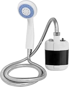 Handheld outdoor shower with white sprayer, coiled metal hose, and black-and-white pump unit