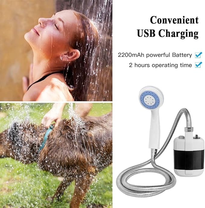 Handheld outdoor shower with white sprayer, coiled metal hose, and pump unit