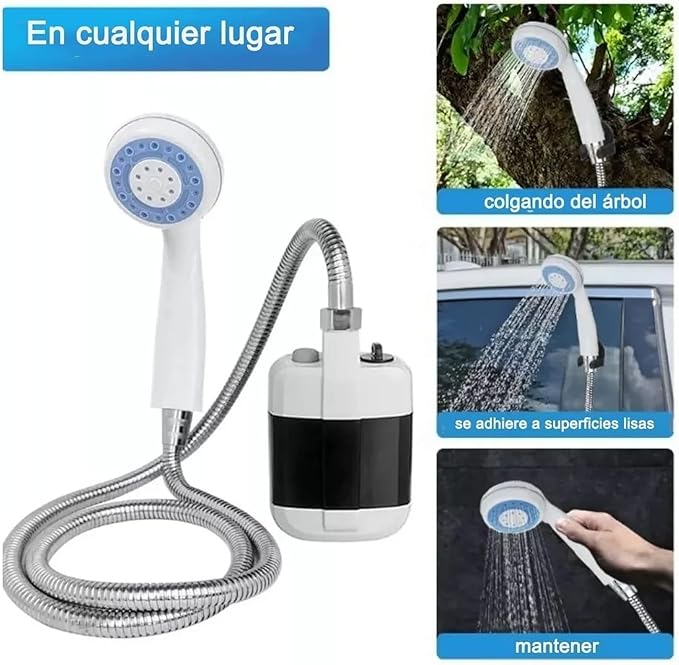 Handheld outdoor shower with white sprayer, coiled metal hose, and black-and-white pump unit