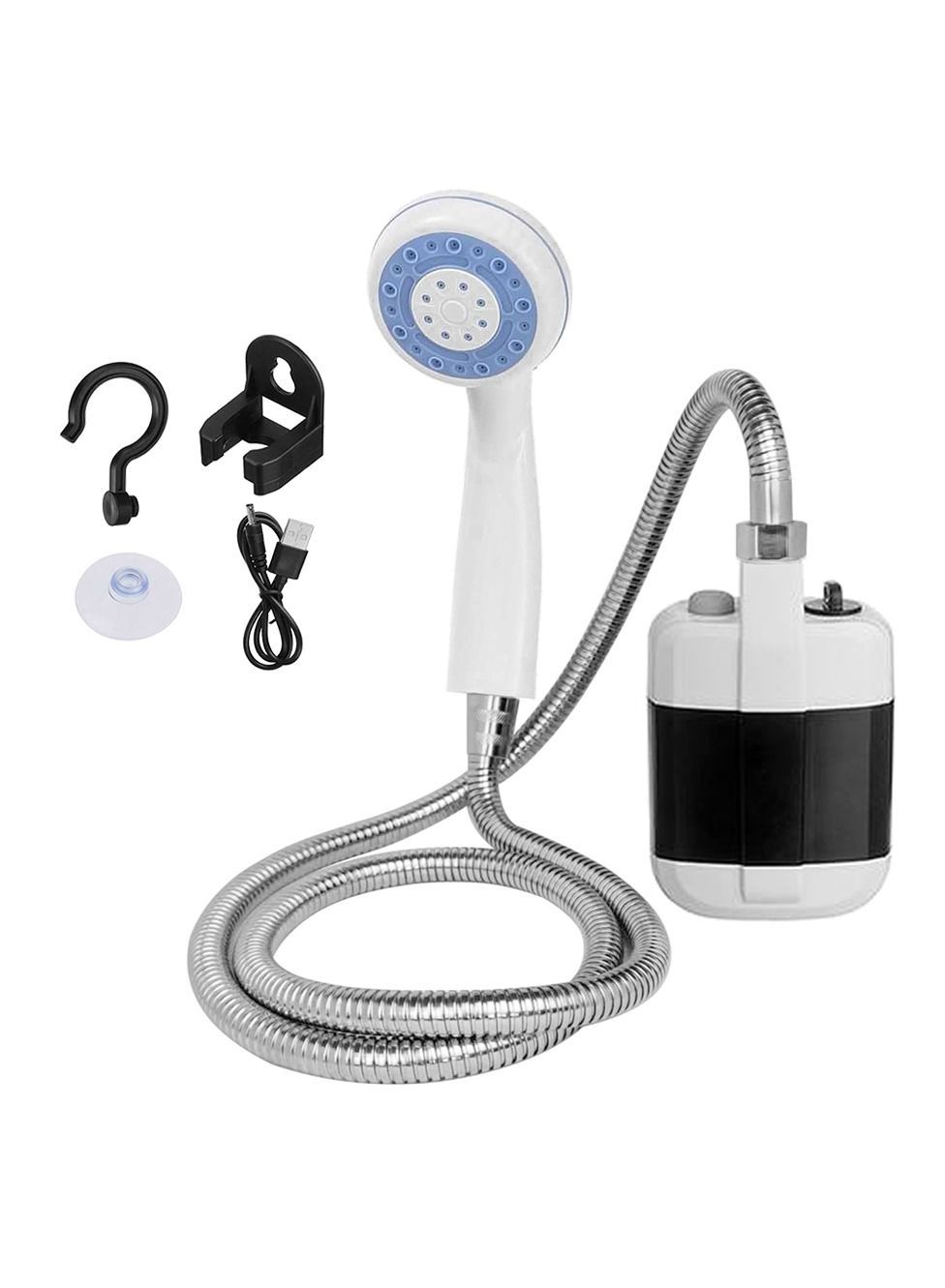 Handheld outdoor shower kit with sprayer, metal hose, pump unit, hooks, and charging cable