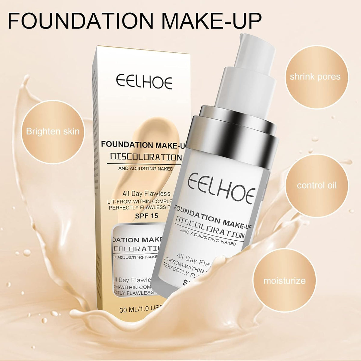 EELHOE foundation makeup in a pump bottle beside its box, labeled SPF 15 and 30 ml.
