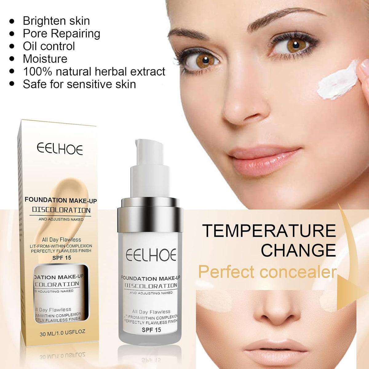 EELHOE foundation makeup bottle and box beside a model wearing the product.