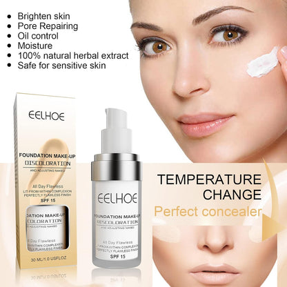 EELHOE foundation makeup bottle and box beside a model wearing the product.