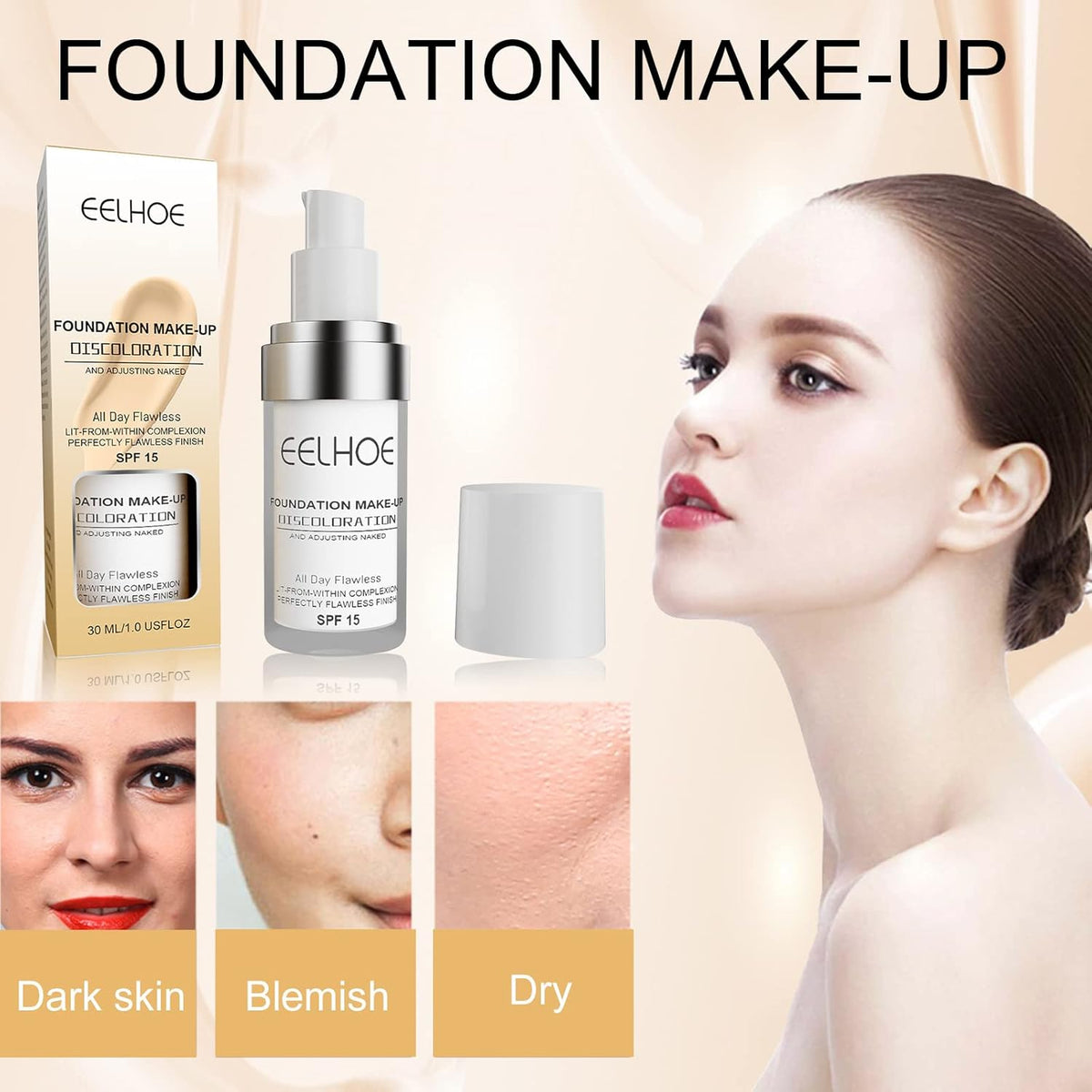 EELHOE foundation makeup bottle, box, and cap with skin close-ups and a model.
