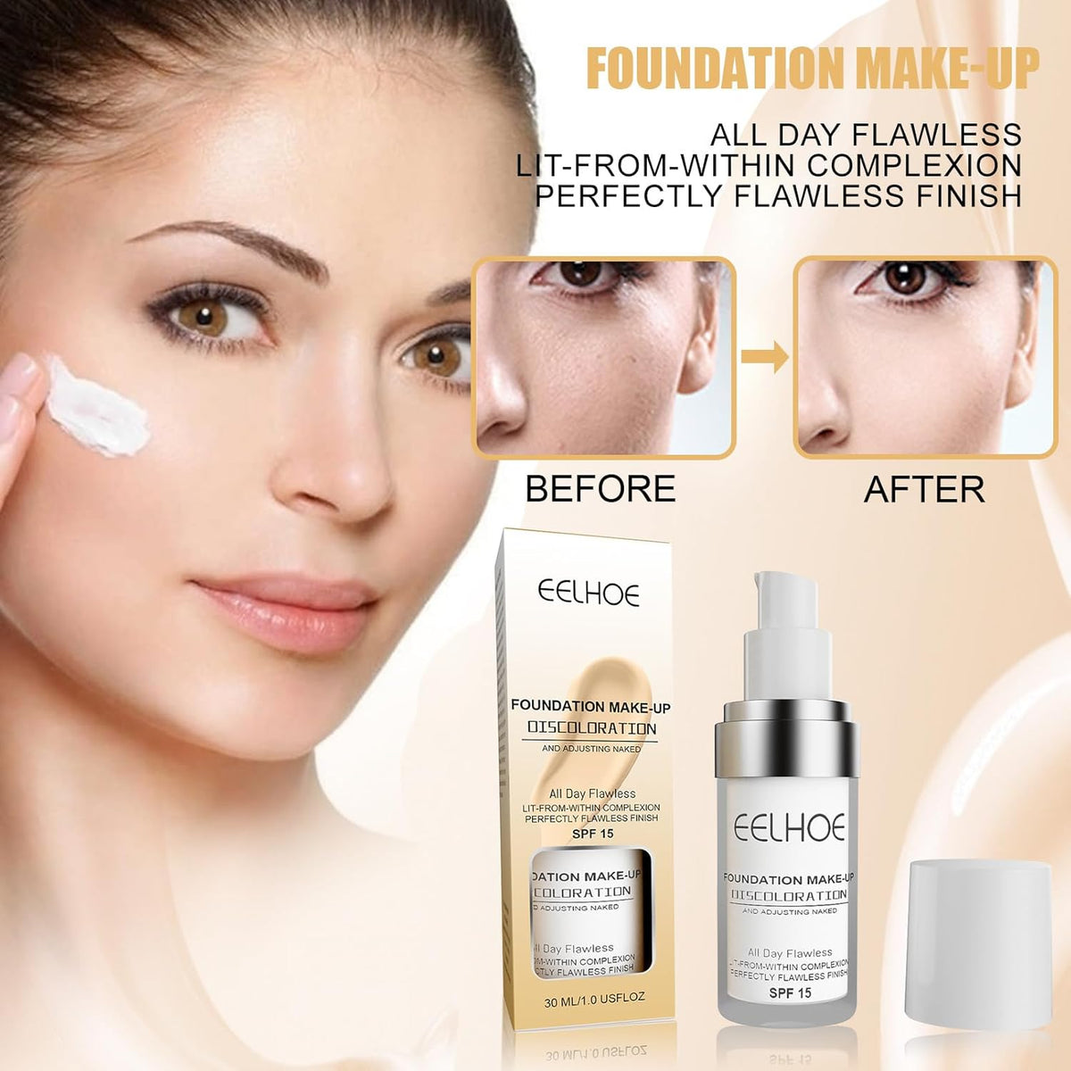 EELHOE foundation makeup bottle and box beside a model and before-and-after skin comparison.