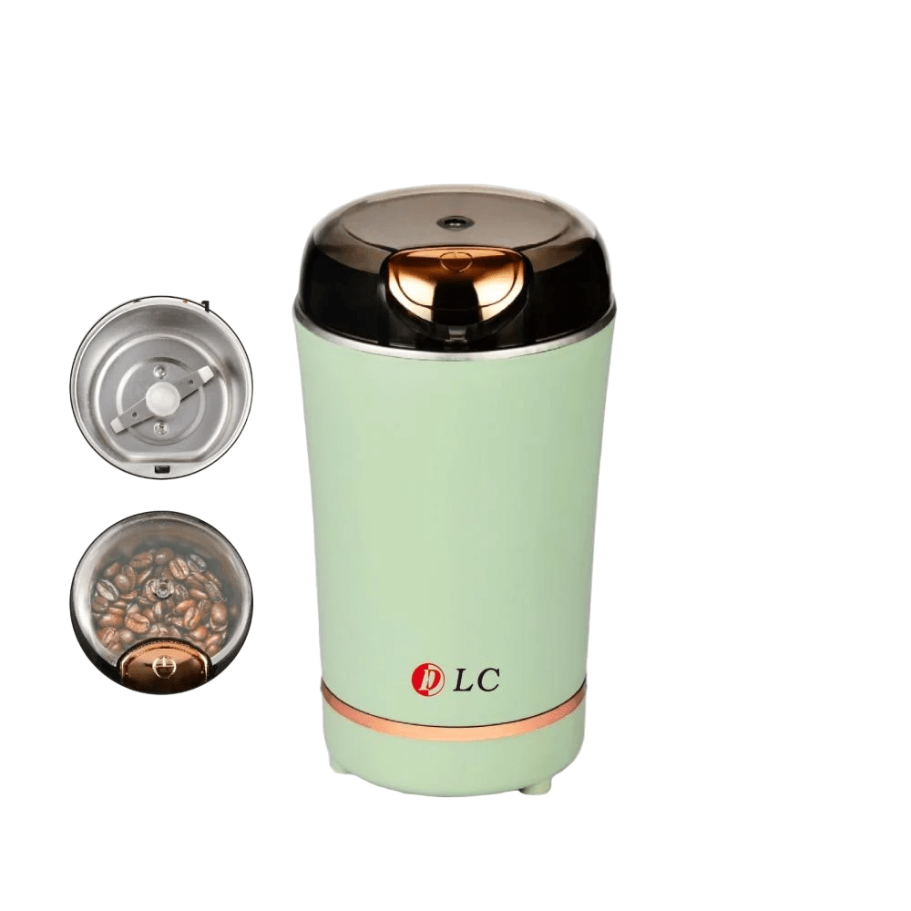 Mint-green electric coffee grinder with a black lid and removable metal grinding cup.
