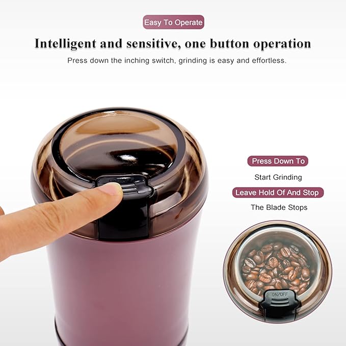 Mauve electric coffee grinder with a transparent lid and one-touch switch.