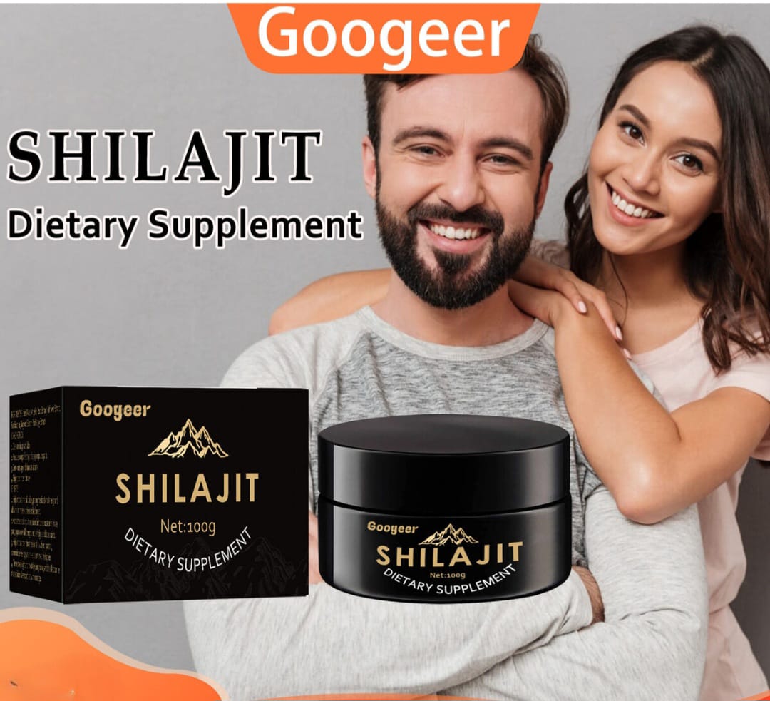 Googeer Shilajit supplement in a black jar with matching 100 g box