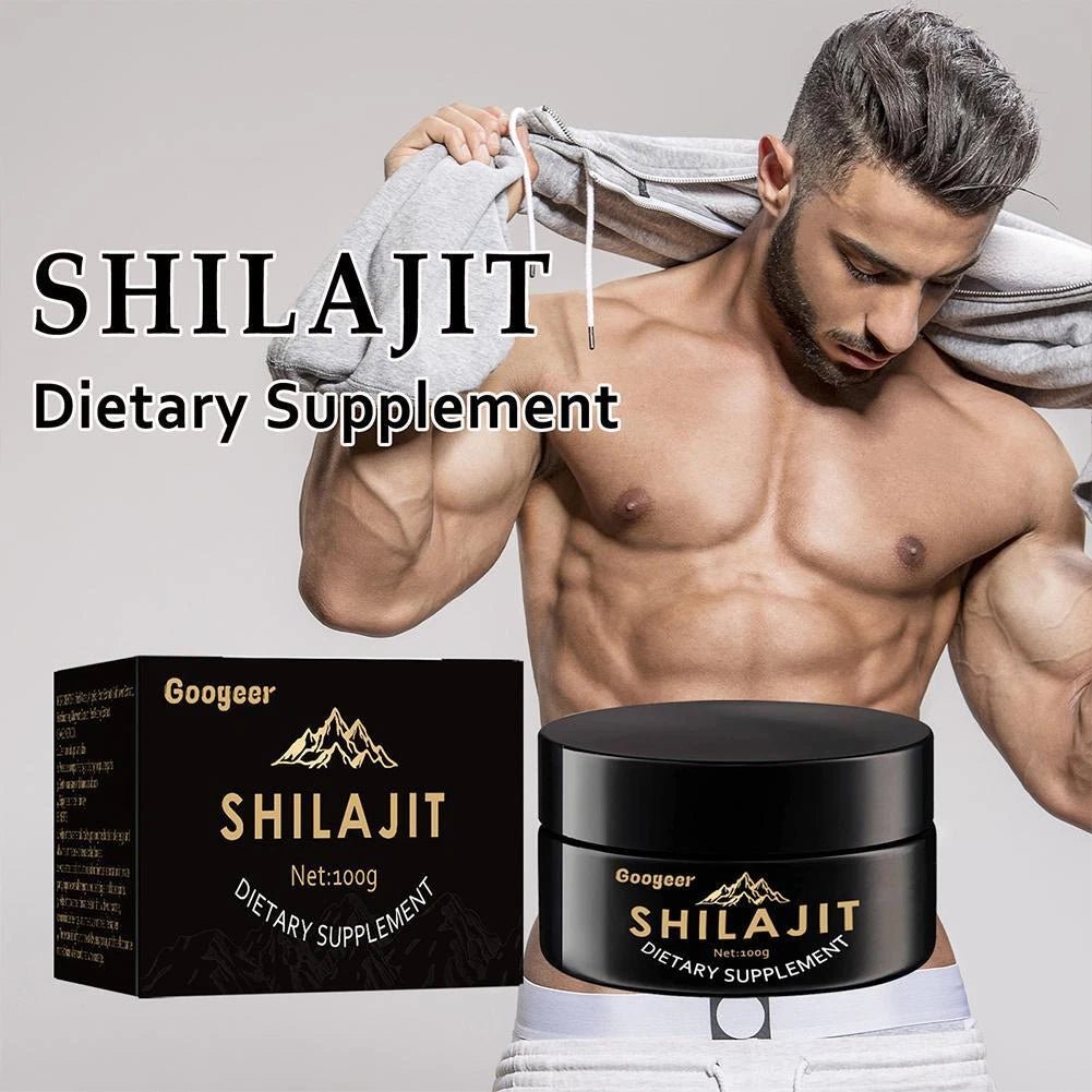 Googeer Shilajit supplement jar and 100 g box with gold label details