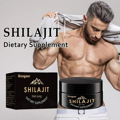 Googeer Shilajit supplement jar and 100 g box with gold label details