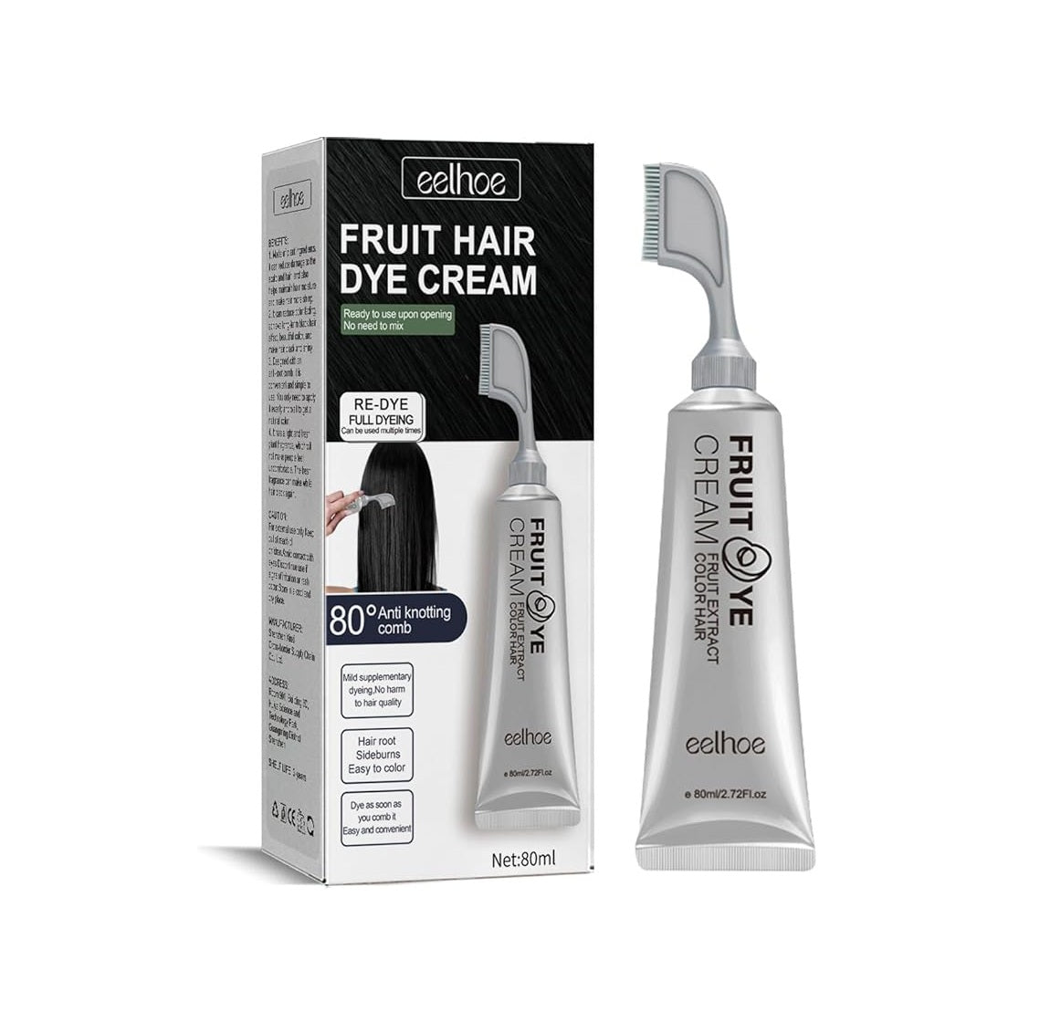 Eelhoe fruit hair dye cream in a comb-tip tube with box, black shade, 80 ml.