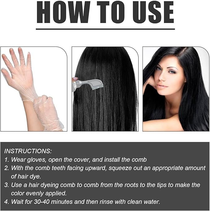 Hair dye cream comb applicator shown being used on hair, with glove and application steps.