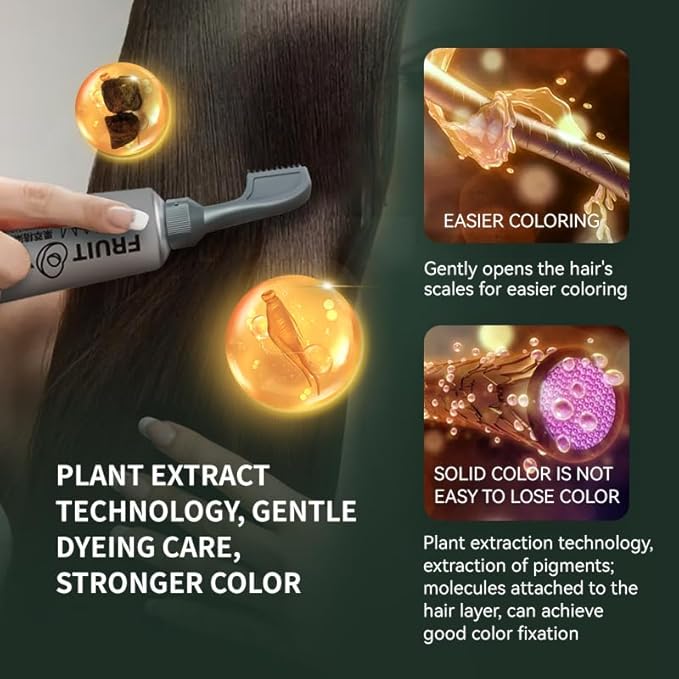 Hair dye cream comb applicator shown coloring dark hair; graphic highlights plant extract technology.