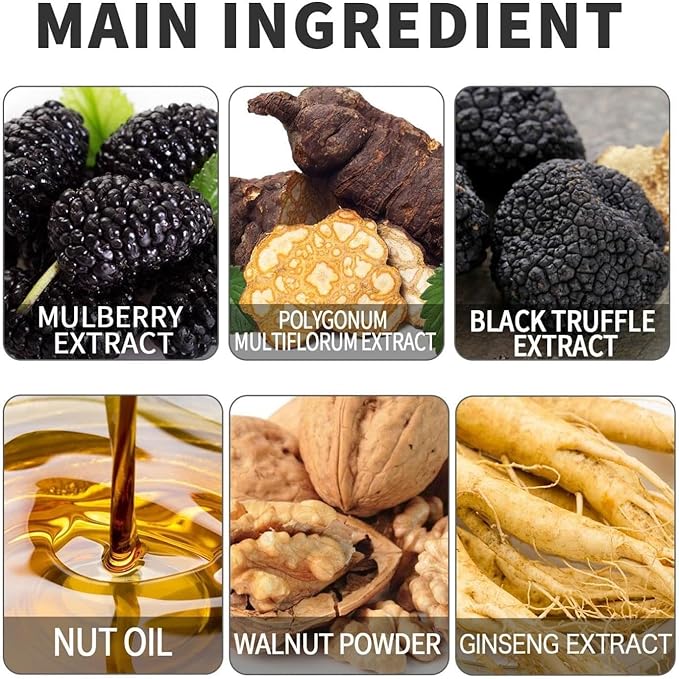 Hair dye cream ingredient graphic featuring mulberry, polygonum, black truffle, nut oil, walnut, and ginseng.