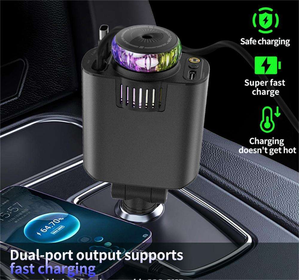 5-in-1 starlight car charger plugged into a console, with dual ports and a multicolor light ring