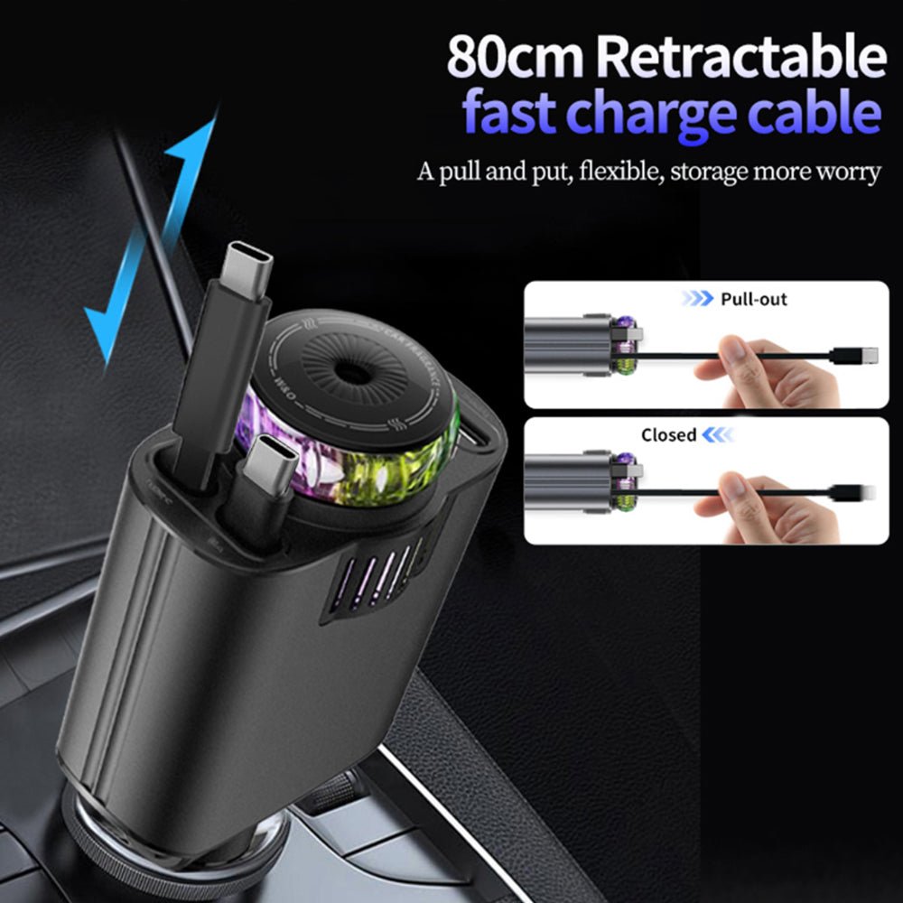 Car charger with an extended USB-C cable and a multicolor starlight ring