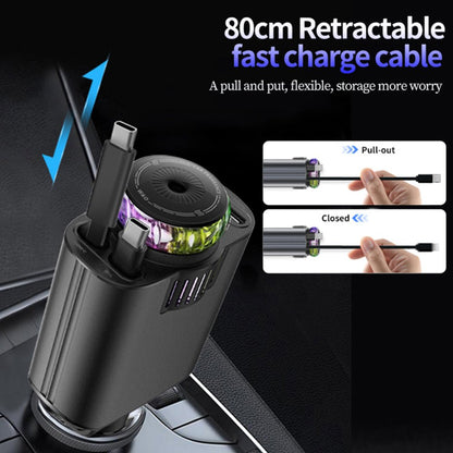 Car charger with an extended USB-C cable and a multicolor starlight ring