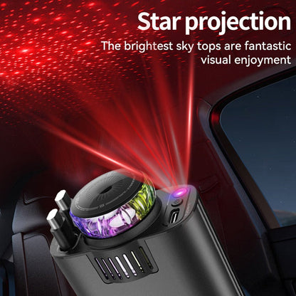 Starlight car charger projecting red star patterns, with dual charging ports