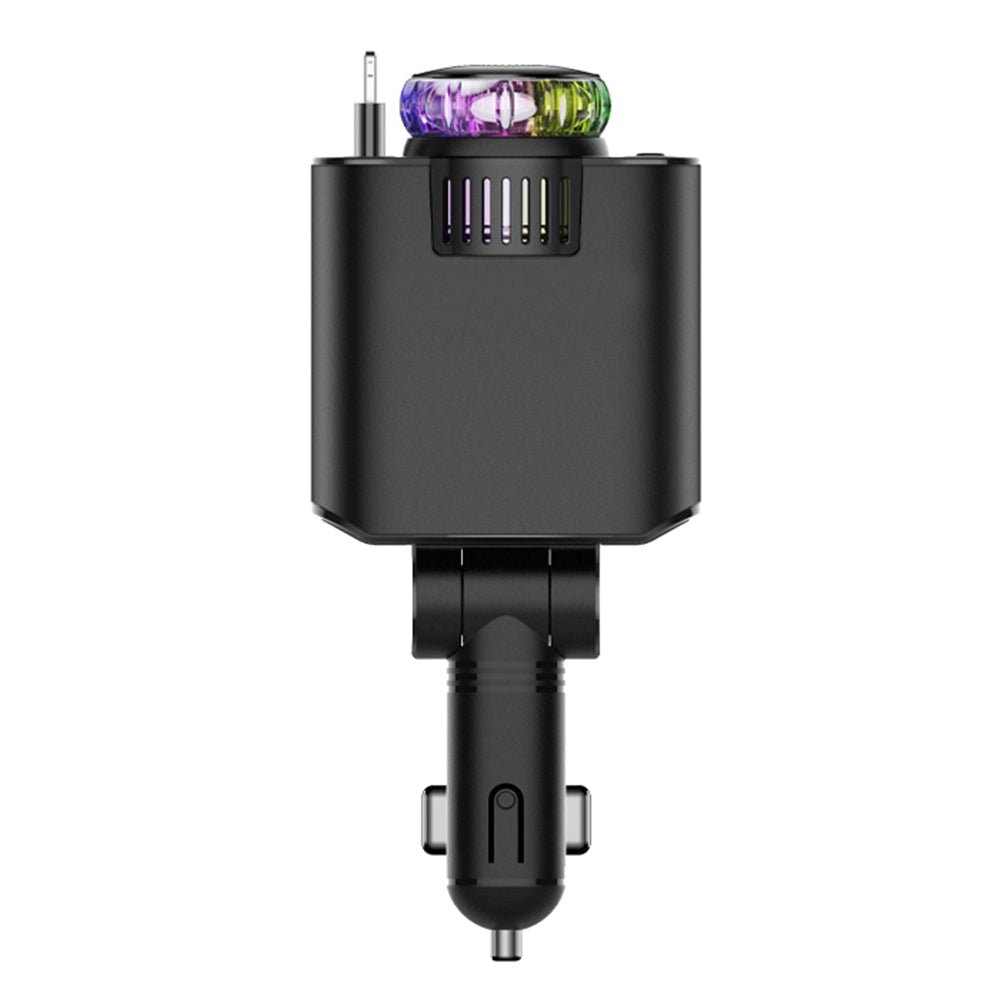 Black starlight car charger shown upright, with a multicolor light ring and adjustable plug