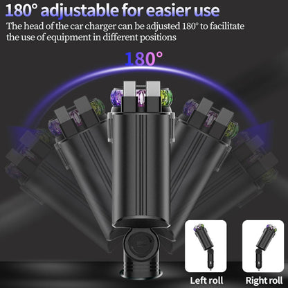 Adjustable car charger head shown tilting 180 degrees in both directions