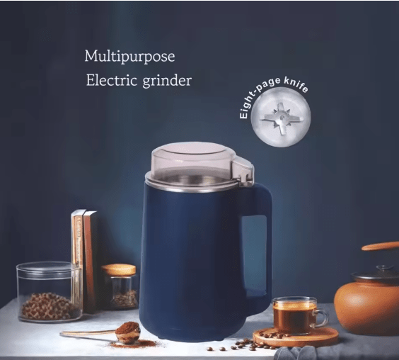 Navy electric grinder with clear lid and handle, featuring an eight-page knife
