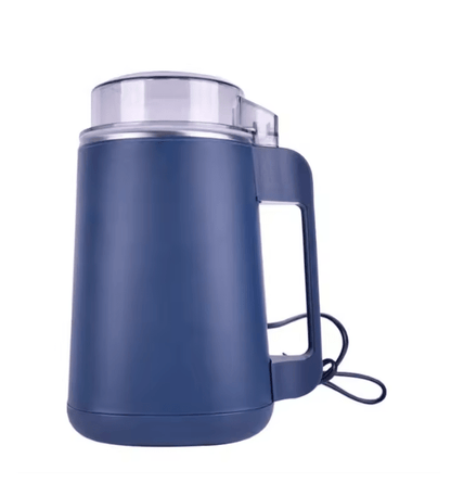 Navy electric coffee grinder with clear lid, handle, and power cord
