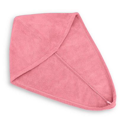 Pink hair drying cap towel laid flat, showing its tapered shape and fastening loop.