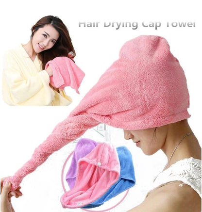 Pink hair drying cap towel shown worn and laid out with its long twisted end.