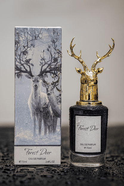 Forest Deer perfume in a dark square bottle with gold deer-head cap and matching illustrated box.