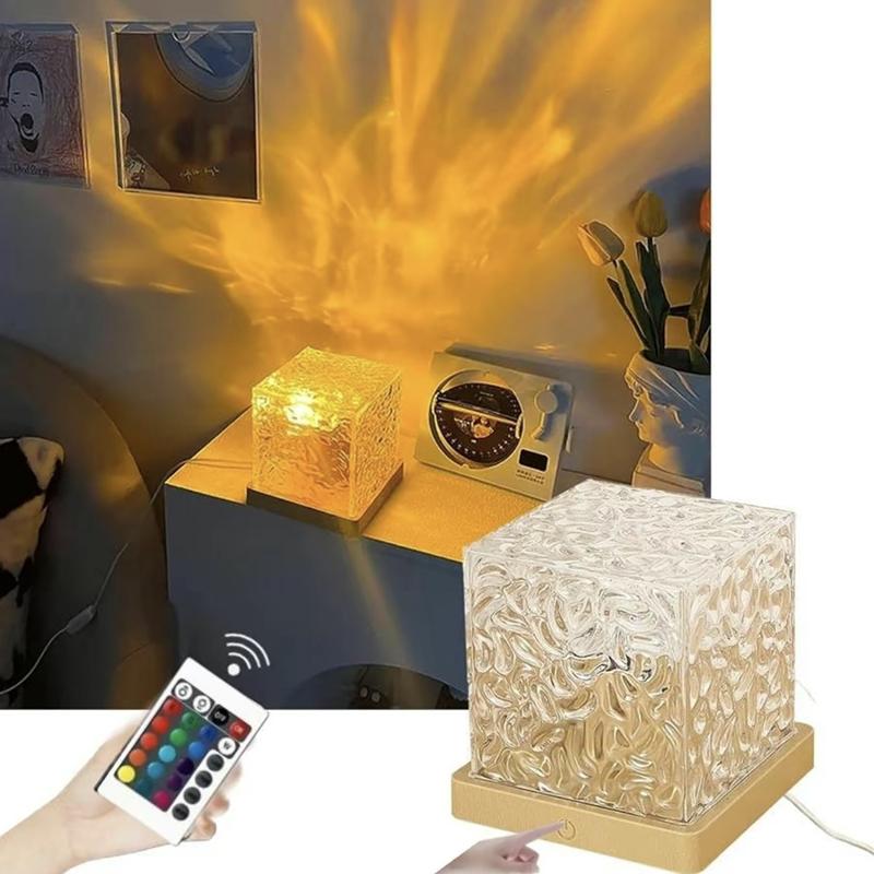 Dynamic lighting USB charging lamp with textured cube shade, remote control and warm light