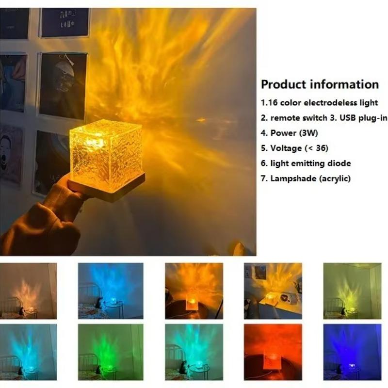 Dynamic lighting USB charging lamp shown in multiple colors with remote control and product details