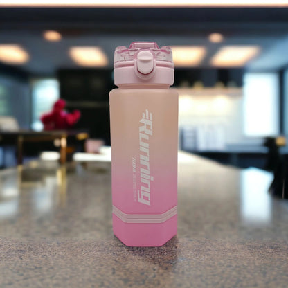 Pink running water bottle with clear flip-top lid and locking clasp