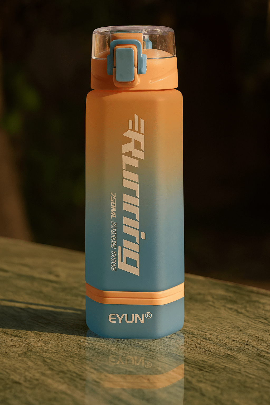Orange and blue running water bottle with clear flip-top lid and clasp