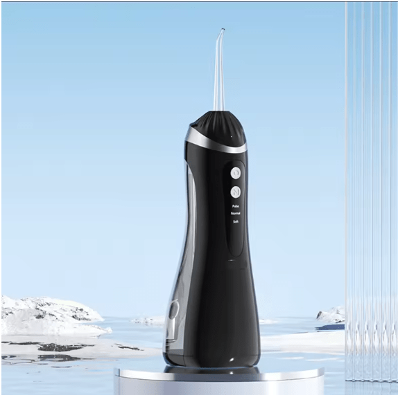 Black oral irrigator with a slim curved nozzle, silver trim, and two front buttons