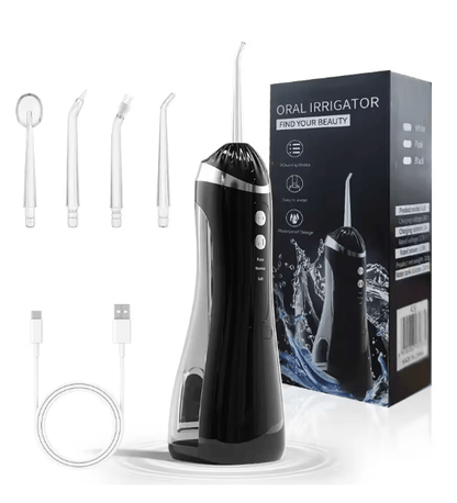 Black cordless oral irrigator with four interchangeable tips, charging cable, and retail box