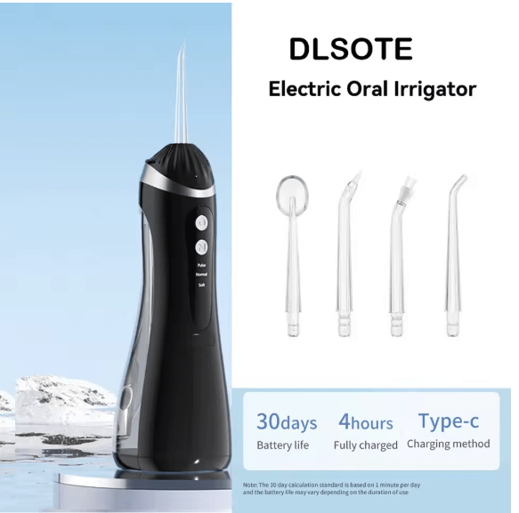 Black electric oral irrigator with four interchangeable nozzle tips and charging base
