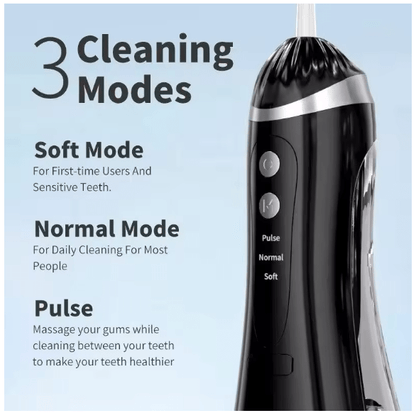 Black oral irrigator with silver trim and two buttons, shown with three cleaning modes