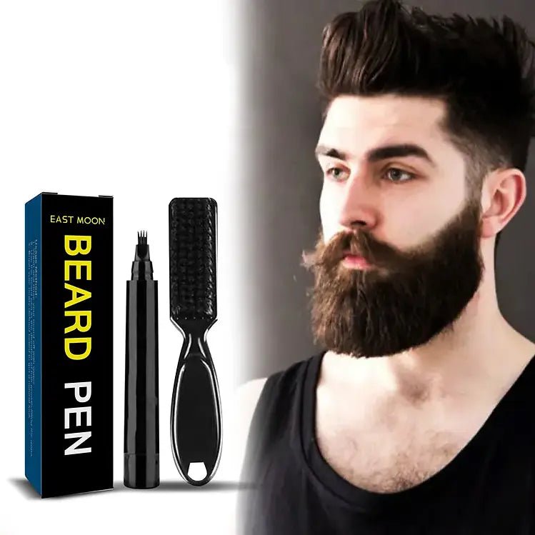 East Moon black beard pen with applicator and brush beside a man with a full beard