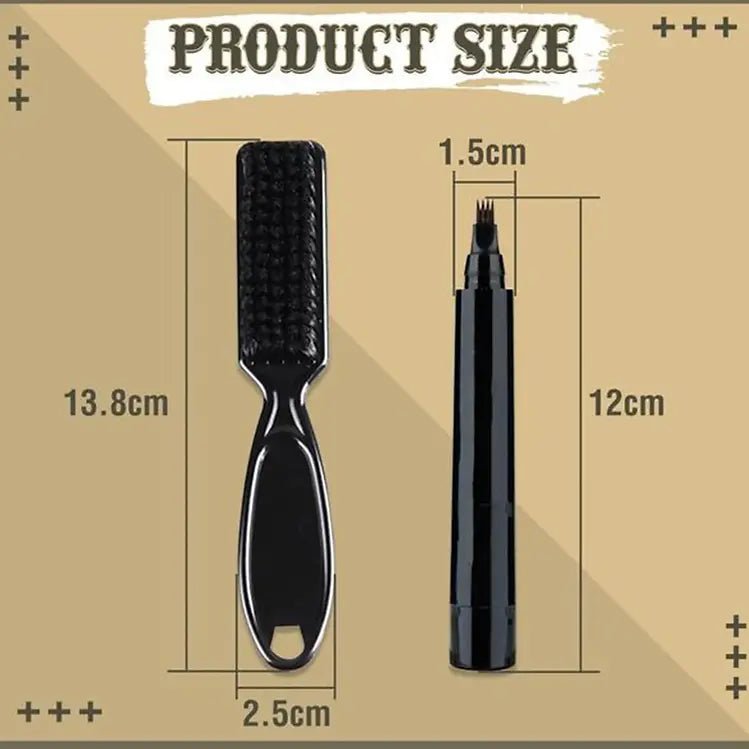 East Moon beard pen and brush with labeled dimensions: pen 12 cm, brush 13.8 cm