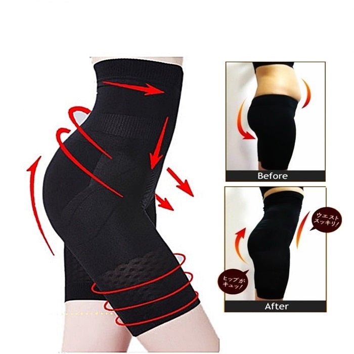 Black high-waisted slimming body shaper shorts with compression panels