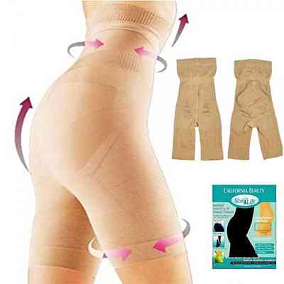Beige high-waisted body shaper shorts with thigh-length legs