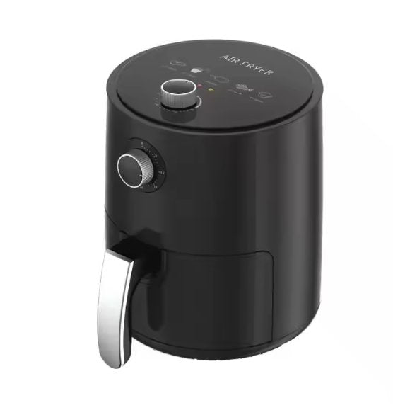 Black digital air fryer with closed basket, silver handle, and two control dials.