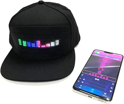 Black Bluetooth cap with a multicolor LED display and phone app shown beside it