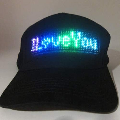 Black Bluetooth cap with a bright multicolor LED text display