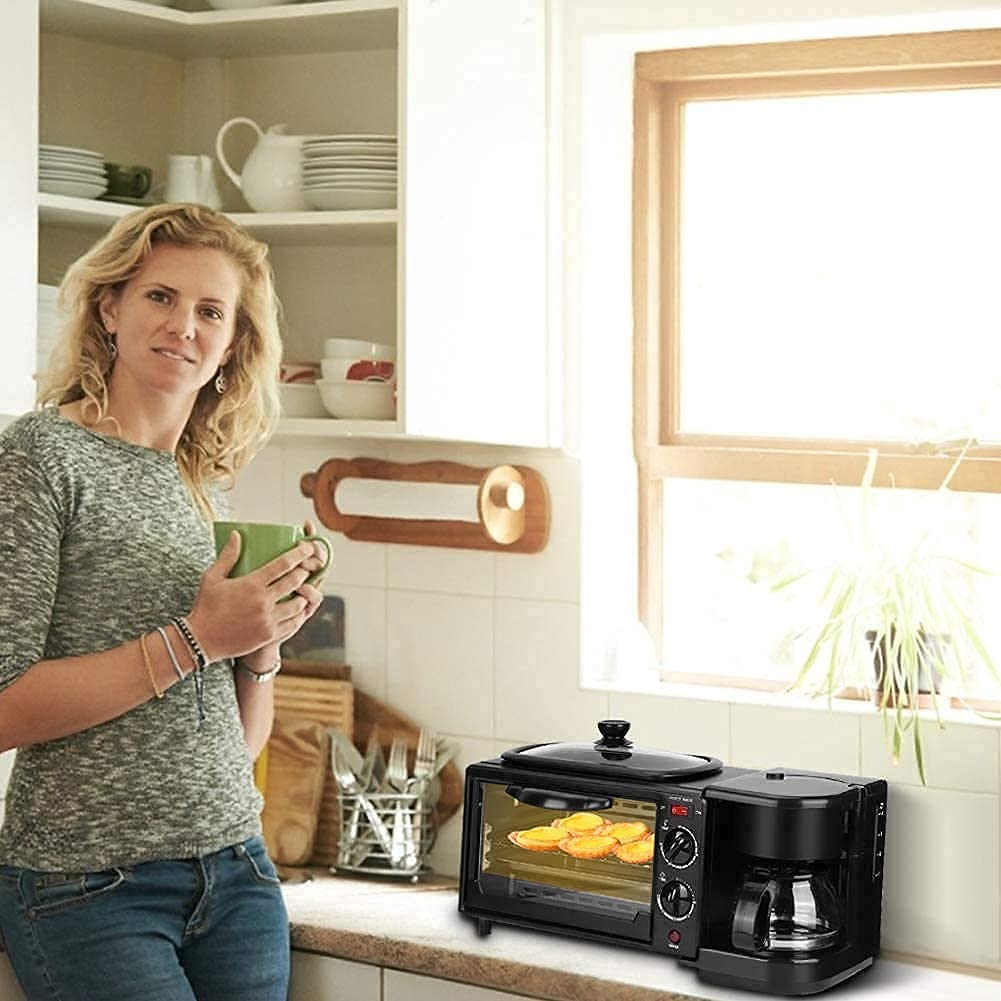 3-in-1 mini oven with top griddle, toaster oven, and side coffee maker